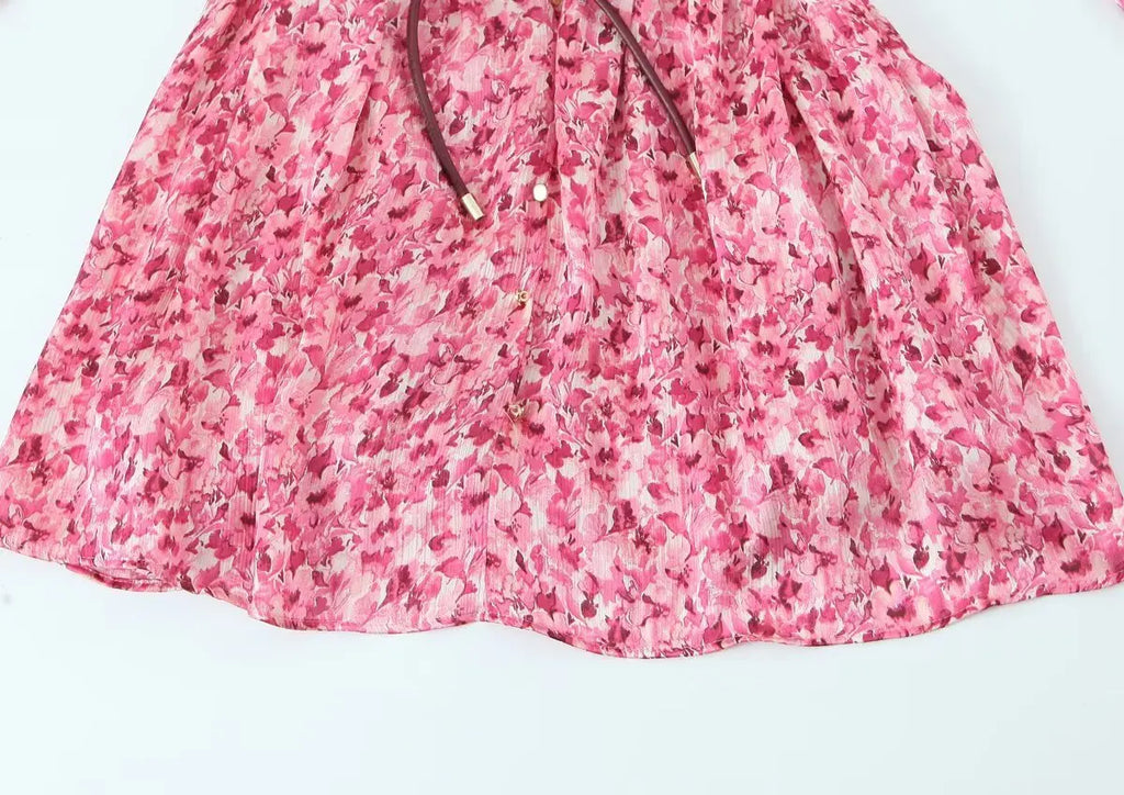 Floral Print Midi Dress V Neck Long Sleeve With Waist Tie