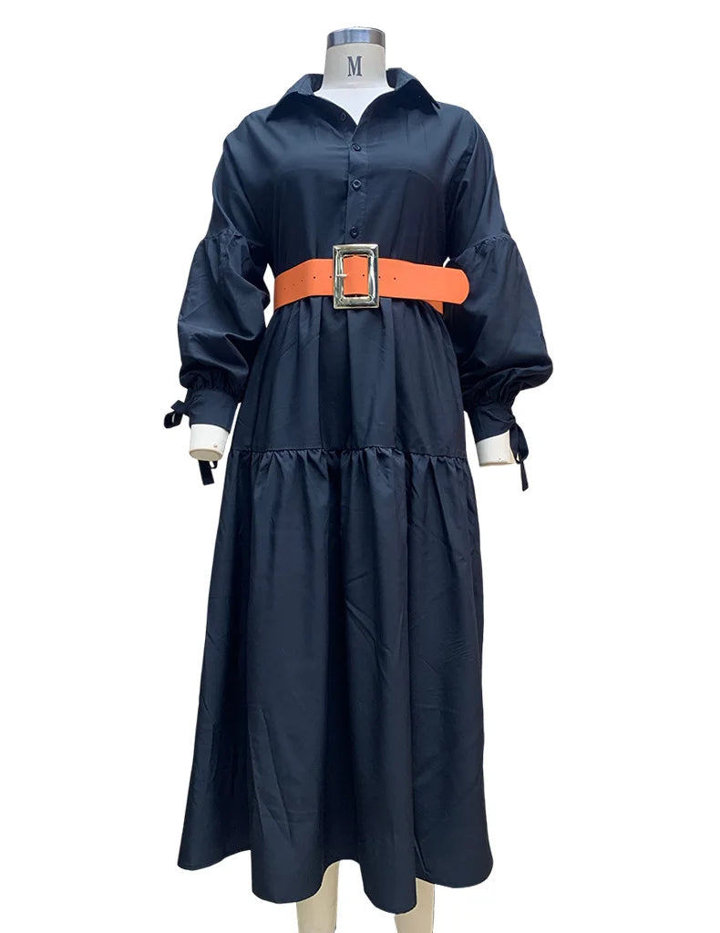Women Casual Front Button Shirt Dress With Belt Longsleeve