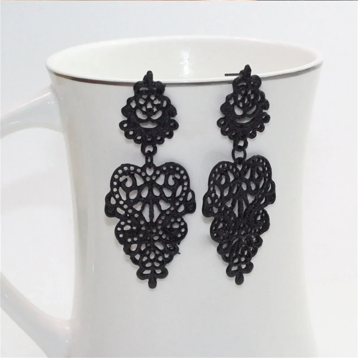 Vintage Punk Black Flower Drop Earrings for Women Gothic Butterfly Heart Wings Jewelry