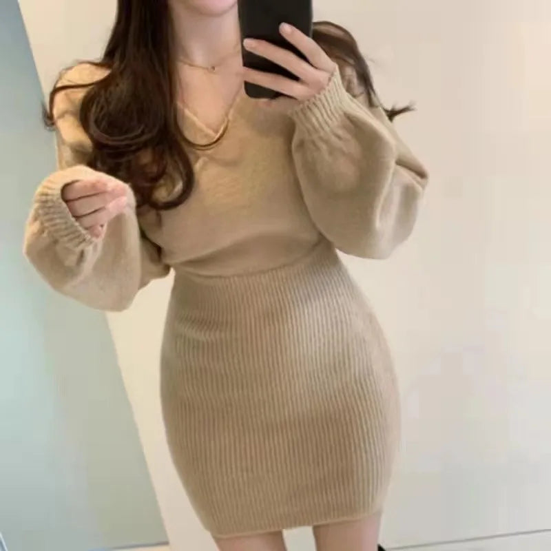 Cross V Neck Knitted Sweater Dress Wrap Style Short Fit