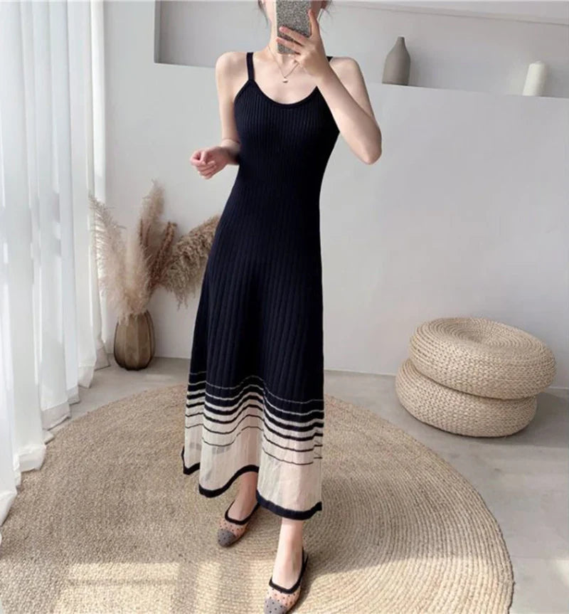 Striped Midi Dress Mesh Korean Patchwork Spaghetti Strap