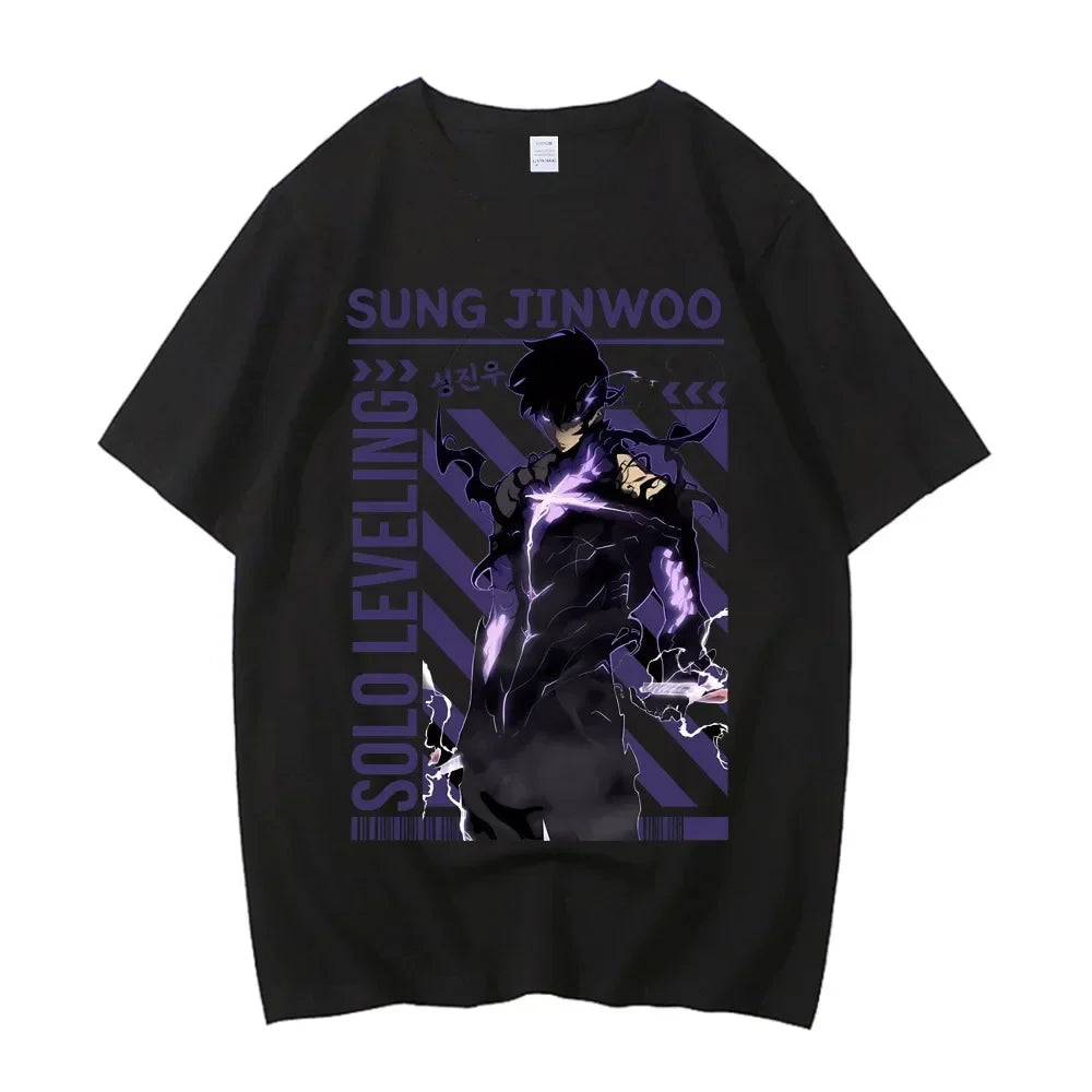 Sung Jinwoo Solo Leveling Anime Graphic T Shirt for Men and Women High Quality Cotton Short Sleeve Streetwear Tee