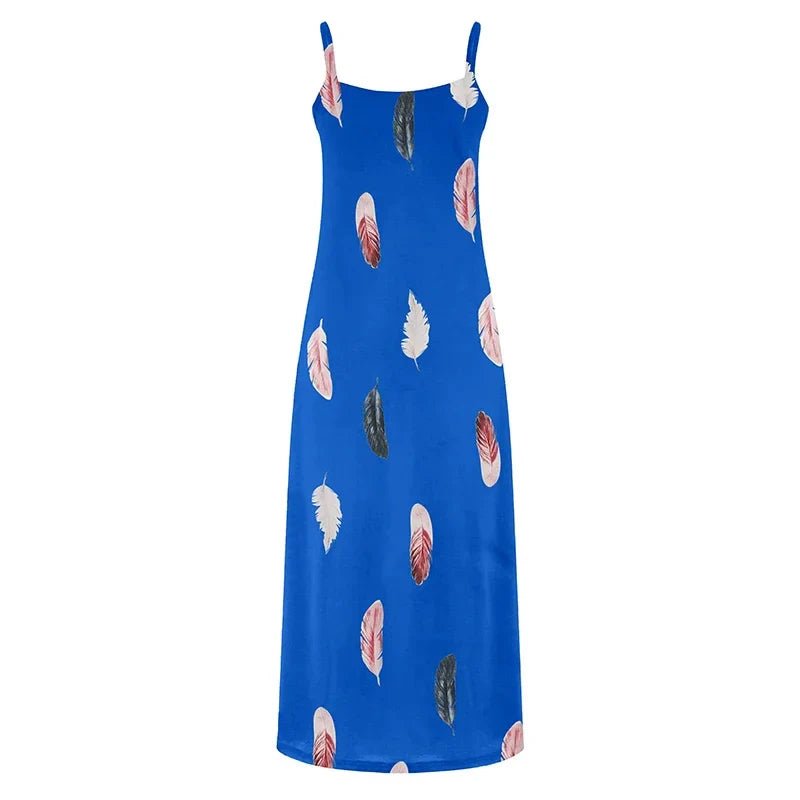 Feather Print Maxi Dress V Neck All Season Comfort Stretch