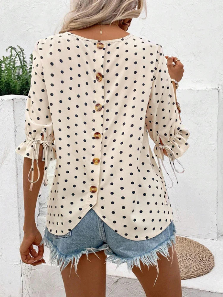 Women's Polka Dot Print Sleeveless Round Neck Shirt with Button Front and Adjustable Drawstring Cuffs for Spring and Summer