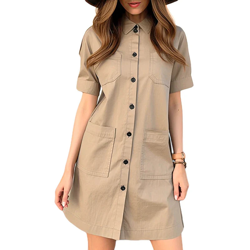 Summer Women Overalls Dress Short Sleeve Button Front