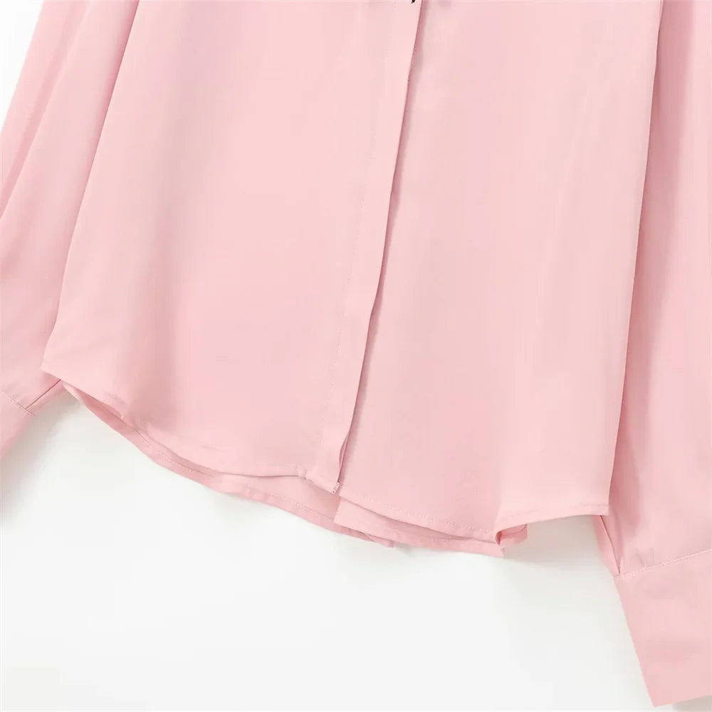 Velvet Bow Accent Single Breasted Flip Collar Long Sleeve Casual Shirt for Women