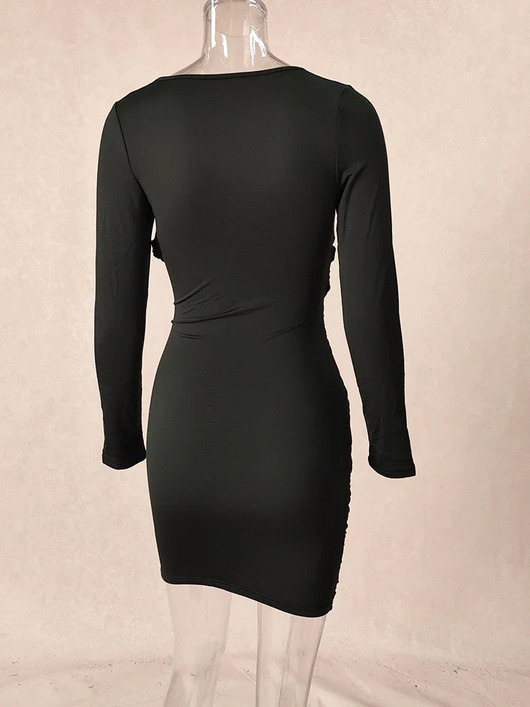 Black Long Sleeve V Neck Bodycon Evening Dress Hip Wrap