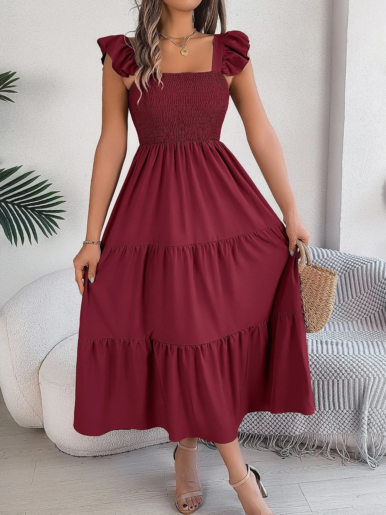 Square Neck Maxi Dress for Women Solid Summer Color