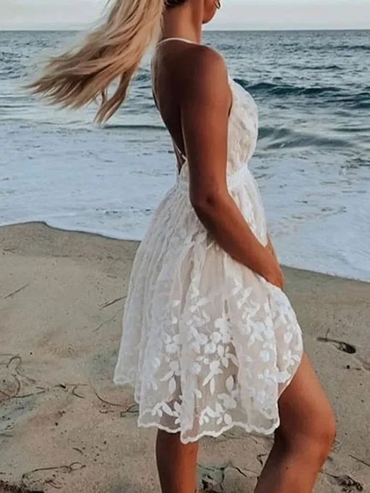Backless White Dress V Neck Sleeveless Lace Beach Dress