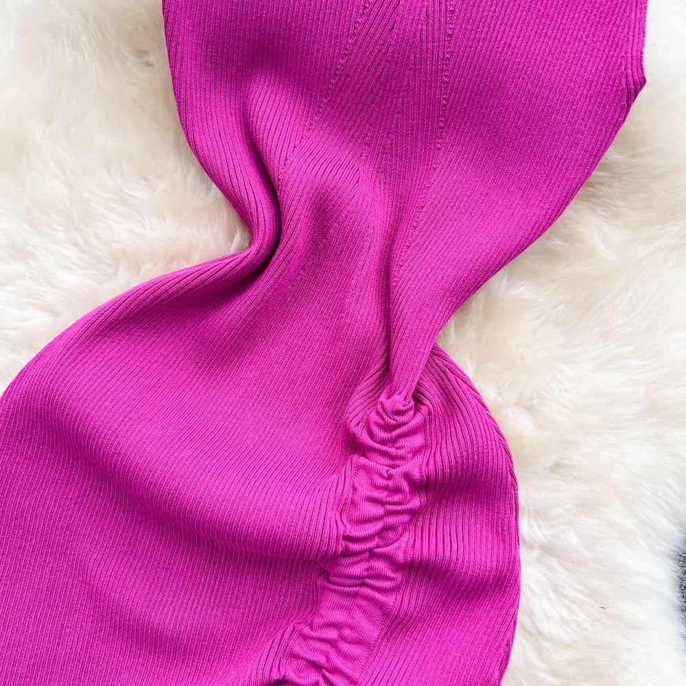 Summer Knitted Bodycon Dress Drawstring Split Black Women