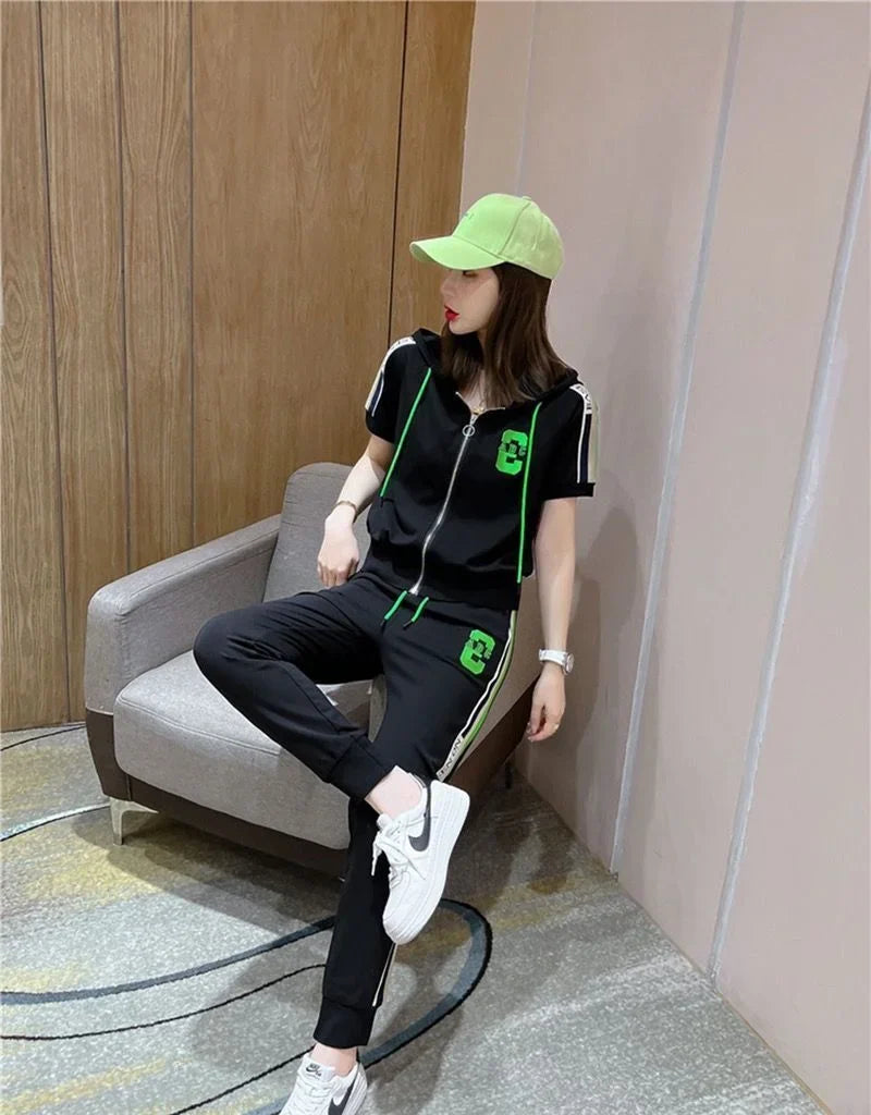 Women's Casual Loose Fit Tracksuit Set with Short Sleeve Hooded Top and High Waist Pants