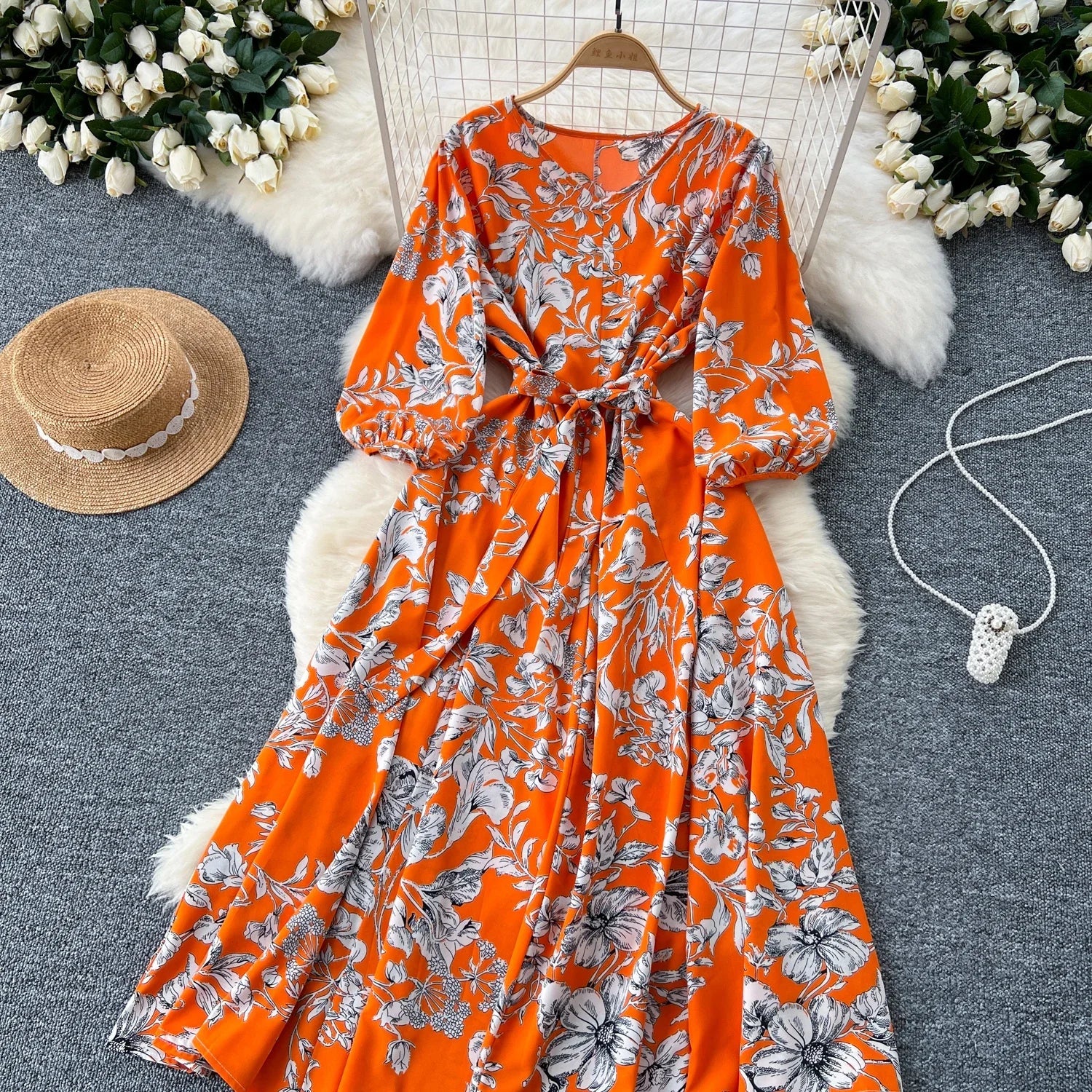 Boho Floral Print Pleated Maxi Dress With Puff Sleeves Belt