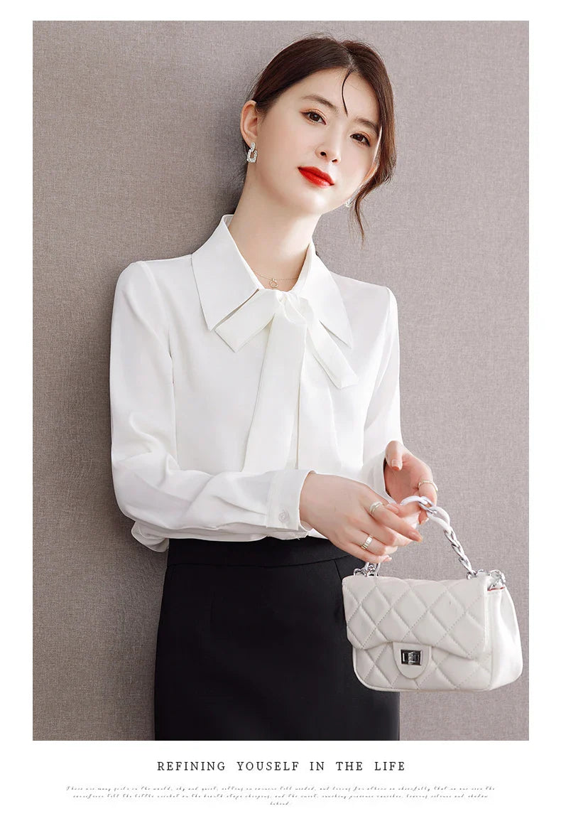Elegant Bow Tie Ribbon Blouse for Women Lace Up Temperament Shirt Stylish Spring and Autumn Top