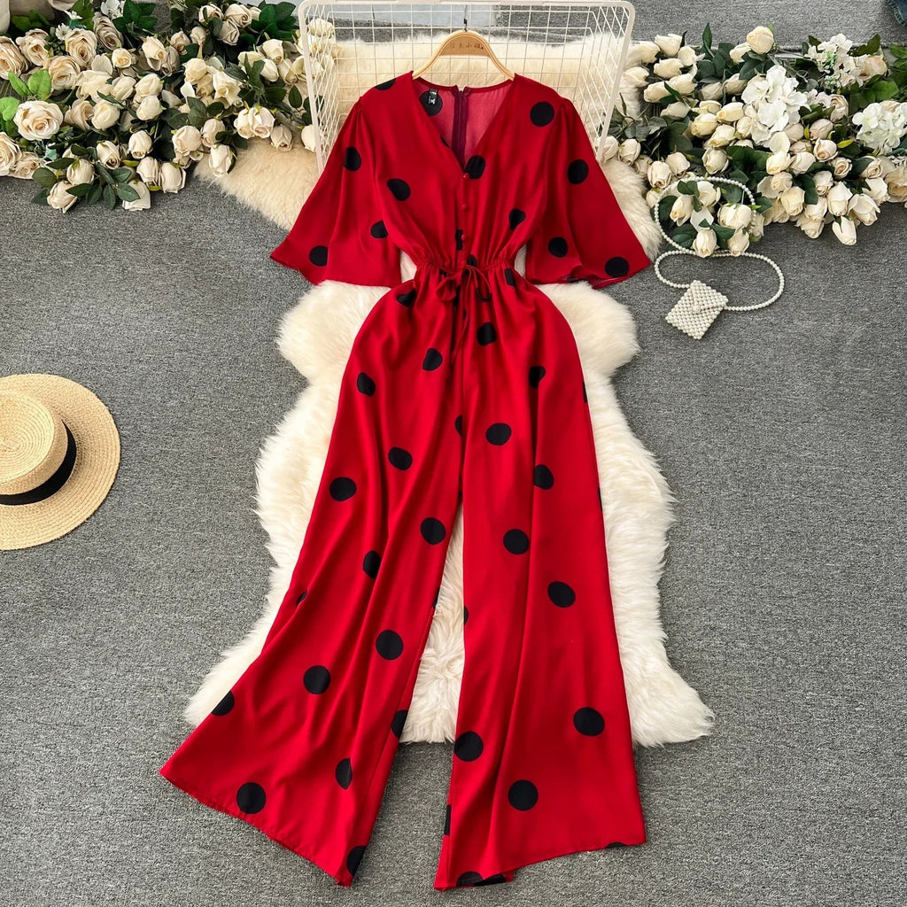 Women Wide Leg Polka Dot Jumpsuit with V Neck Dolman Sleeves and Slim Waist Design