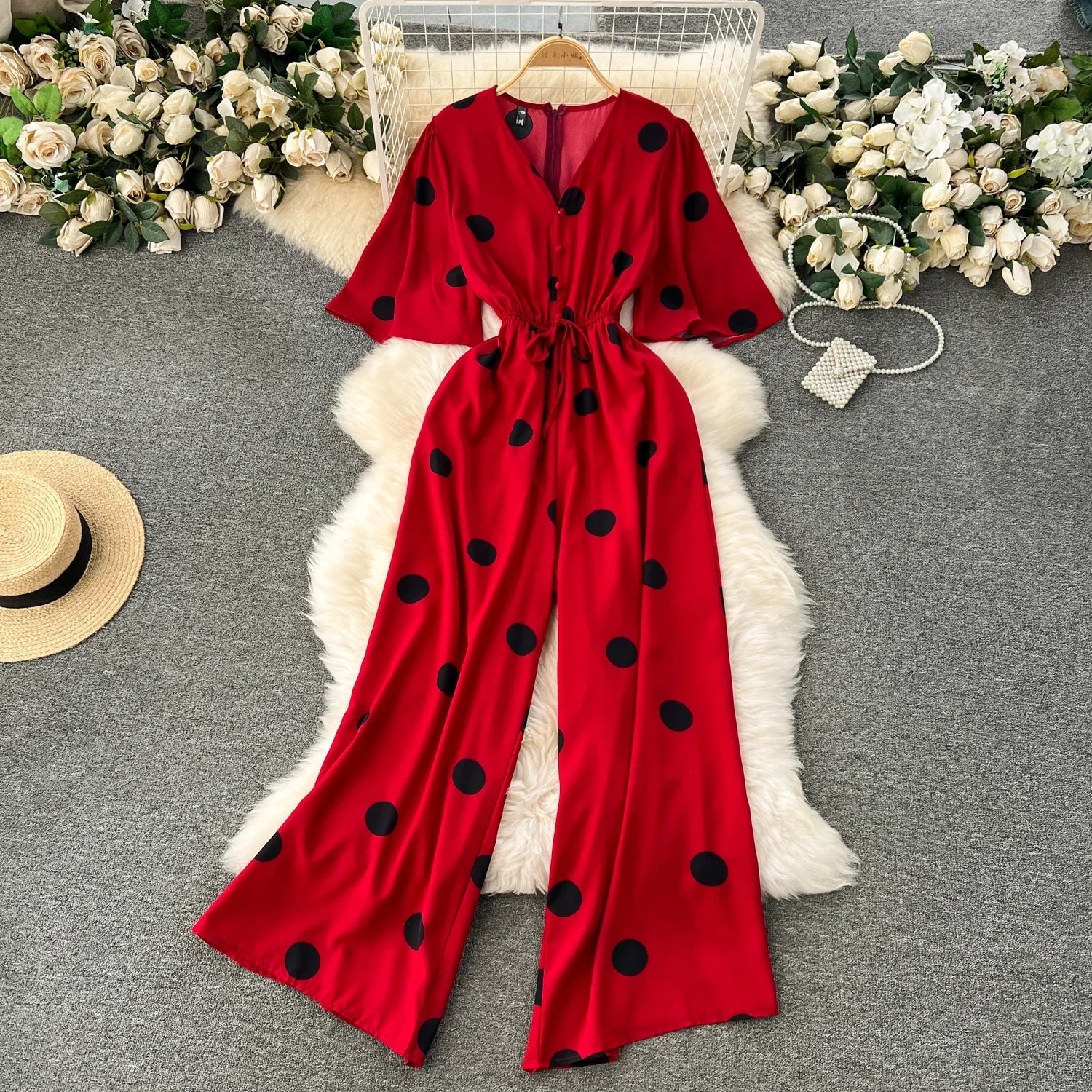 Women Wide Leg Polka Dot Jumpsuit with V Neck Dolman Sleeves and Slim Waist Design