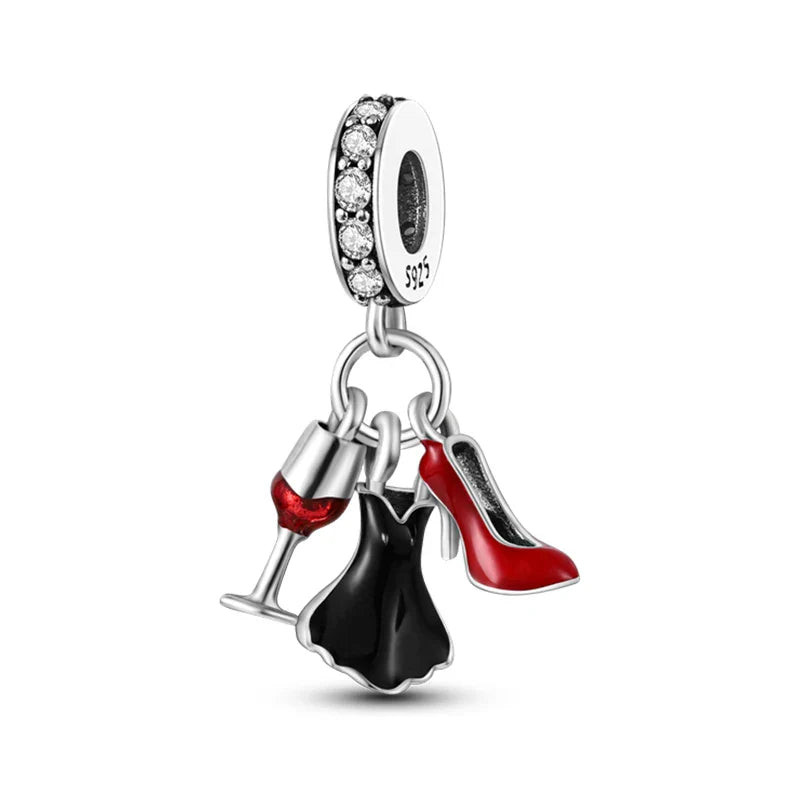 925 Silver Red Charms Beads for DIY Jewelry Bracelets Featuring Strawberry Ladybird and Lipstick Design