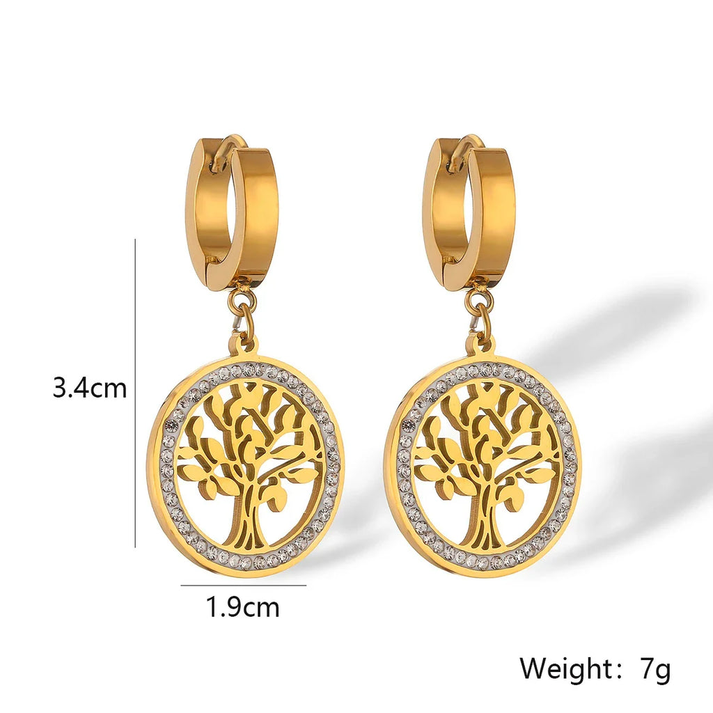 Trendy Titanium Stainless Steel Bohemia Hoop Earrings with CZ Crystal Tree Design for Women and Girls