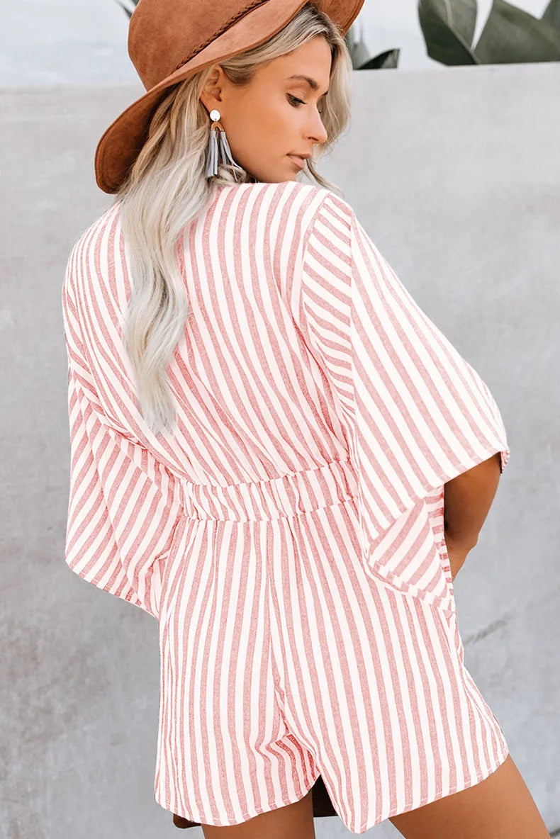 Women's Summer Slimming Striped Jumpsuit with Deep V Neck, Flared Three Quarter Sleeves, and Wide Leg Pants