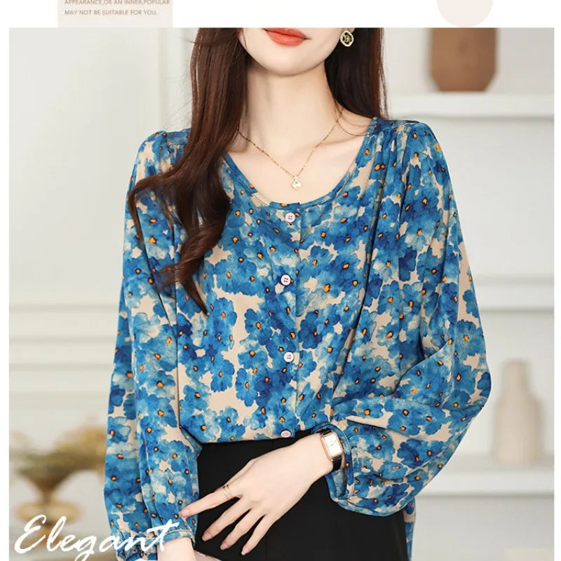 Floral Print Loose Fit Lantern Sleeve Chiffon Blouse Retro Long Sleeve Casual Women's Shirt Top
