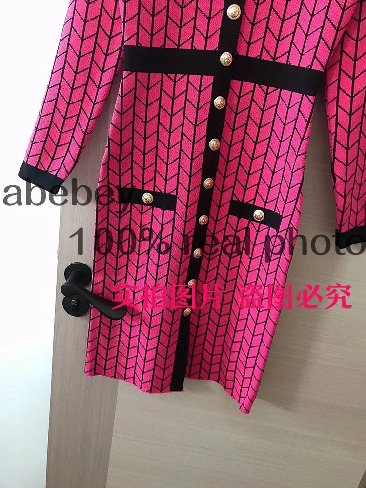 Autumn Plaid Knit Dress Women V Neck Elastic Waist Midi