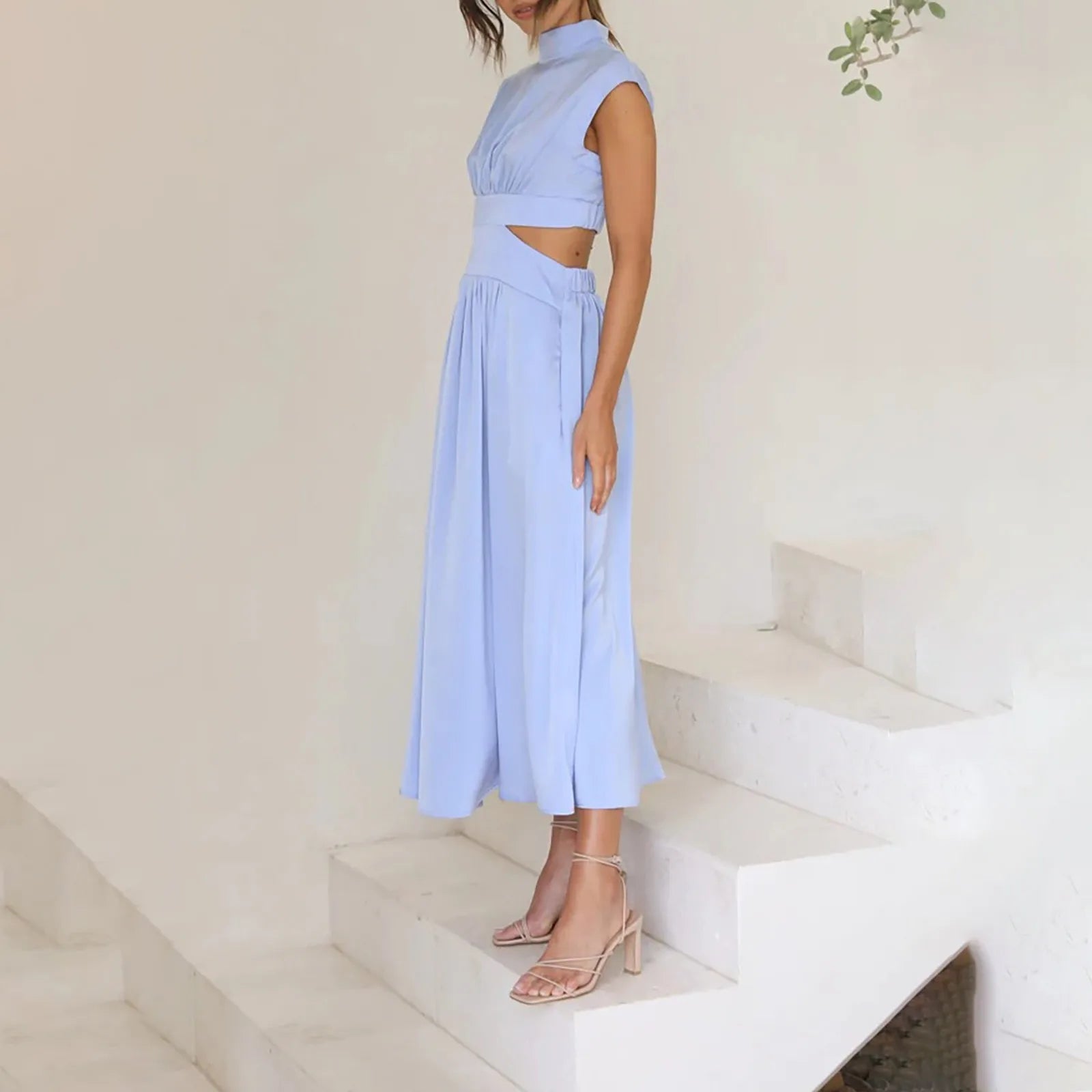 Solid Color High Waist Maxi Dress Sleeveless With Pockets