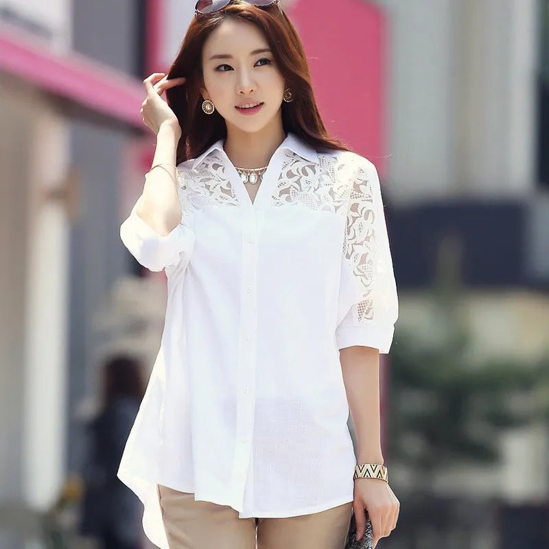 Sexy White Lace Patchwork Chiffon Button-Up Shirt for Women Casual Loose Half Sleeve Blouse Summer Top