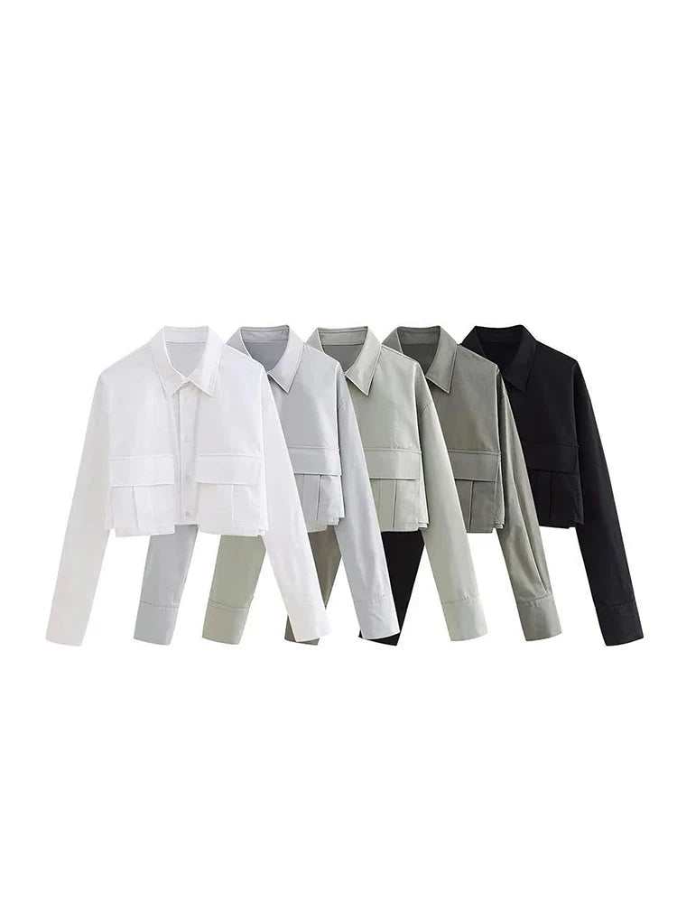 Women's Vintage Lapel Collar Patch Pocket Shirt Long Sleeve Single Breasted Casual Blouse Street Style Top