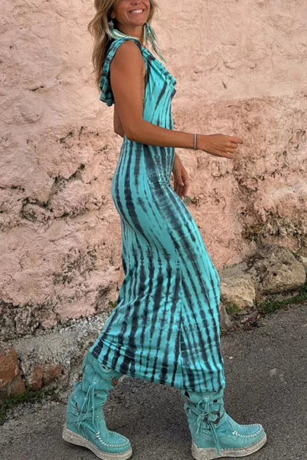 Open Back Maxi Dress Hooded Tie Dye Ethnic Style Chic