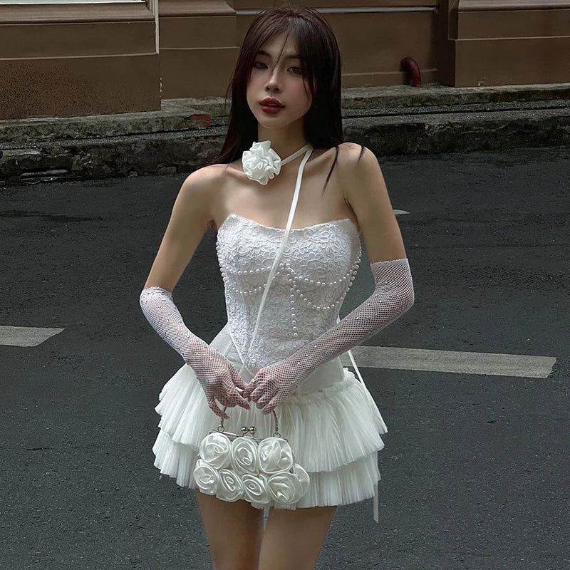 Solid Pearl Embellished Two Piece Set Sleeveless Floral Slim Fit Vest with Pleated Mini Skirt Summer Women's Fashion Ensemble