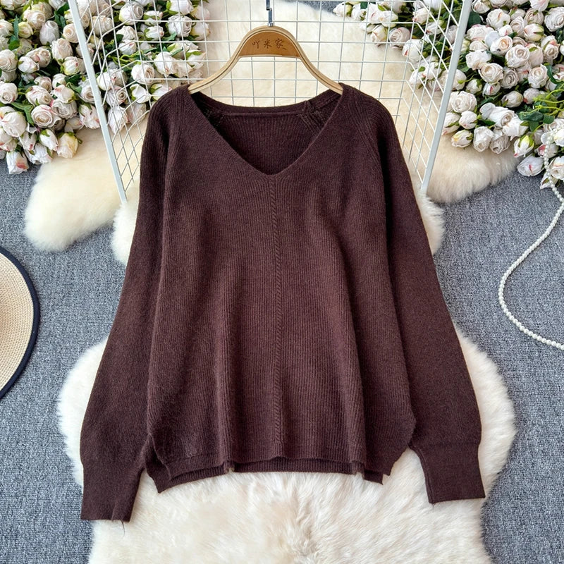 Knitted V-Neck Sweater and Straight Jogging Pants Women's Tracksuit Set