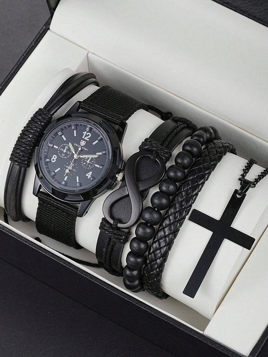 Fashionable PU Leather Beaded Bracelet Set With Quartz Watch And Cross Pendant Necklace For Men