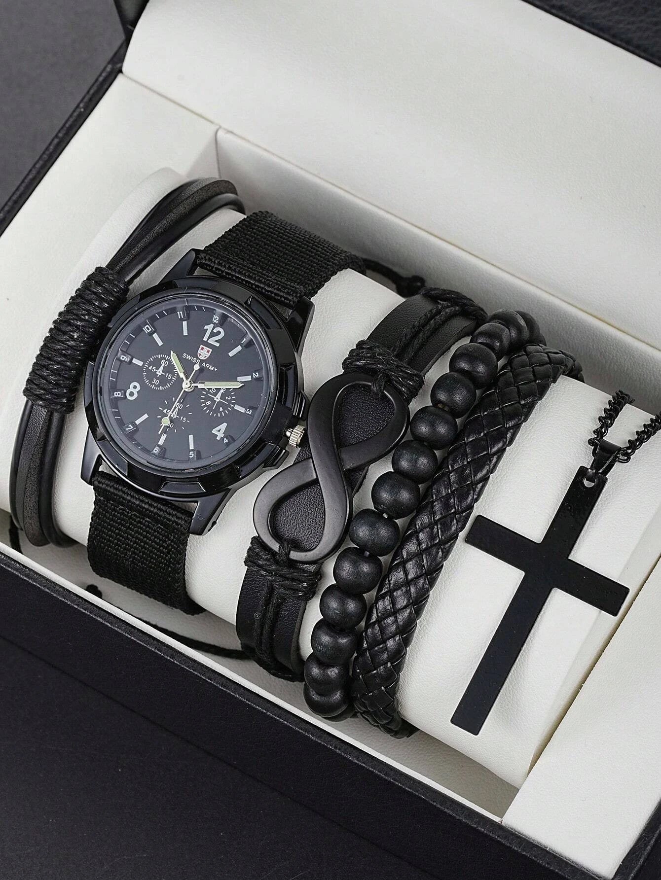 Fashionable PU Leather Beaded Bracelet Set With Quartz Watch And Cross Pendant Necklace For Men