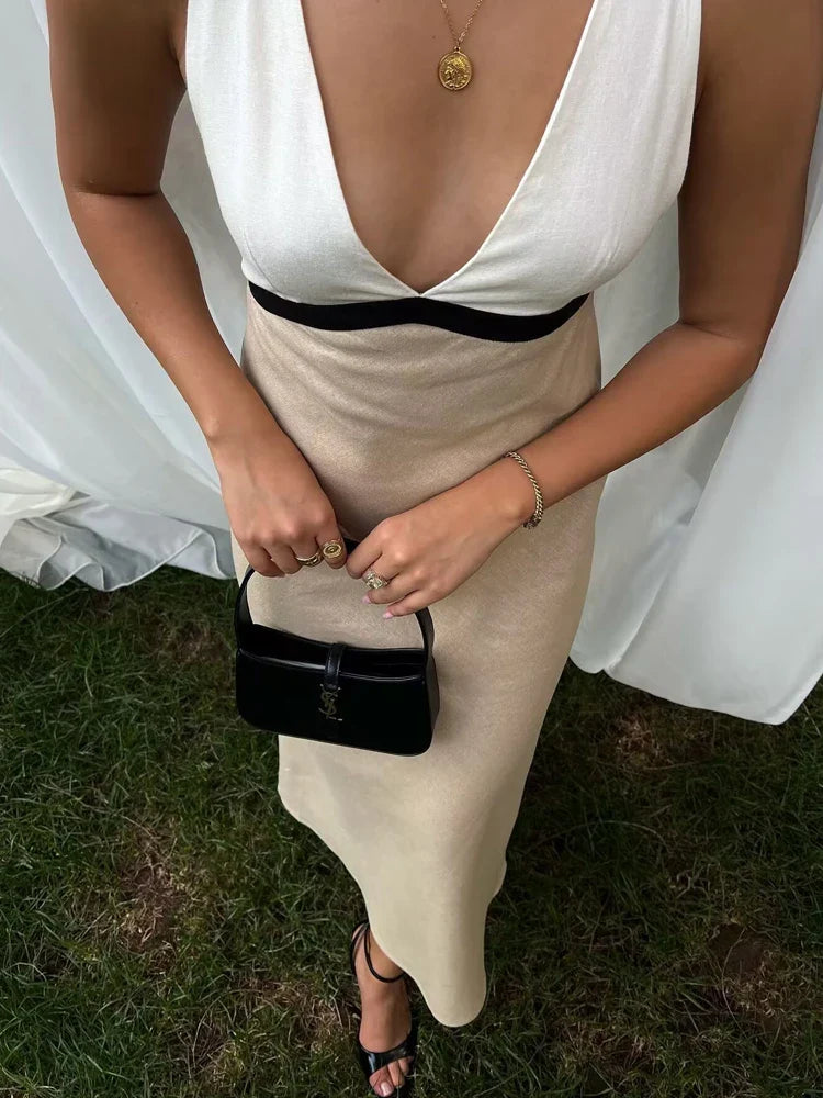 Backless Halter Party Dress With V Neck Patchwork Long Gown