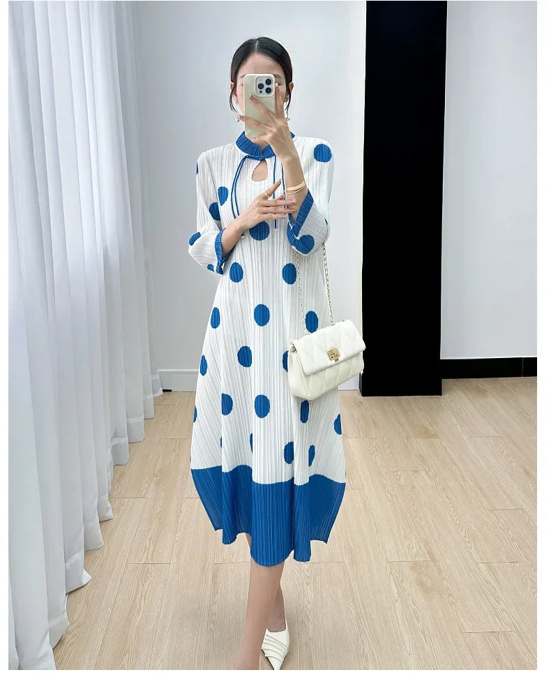 Polka Dot Pleated Dress for Women with Stand Collar