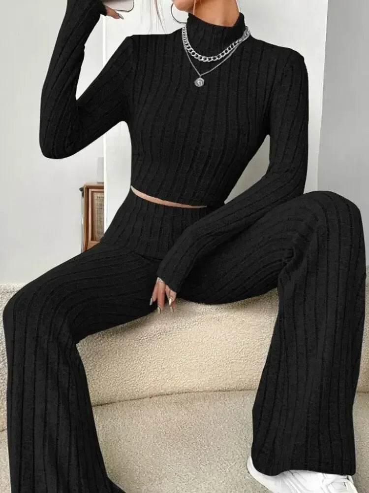 Women's Casual Solid Color Two Piece Set with Round Neck Top and Loose Pants for Autumn and Winter