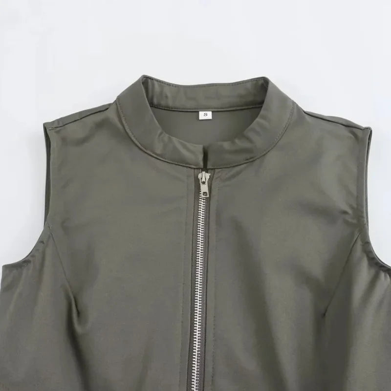 Sleeveless Pleated Maxi Dress With Zip Front And High Waist