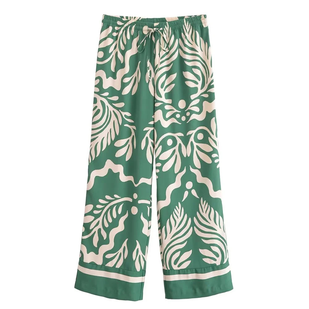 Casual Fashion Printed Collar Long Sleeve Shirt and Drawstring Pants Set for Women