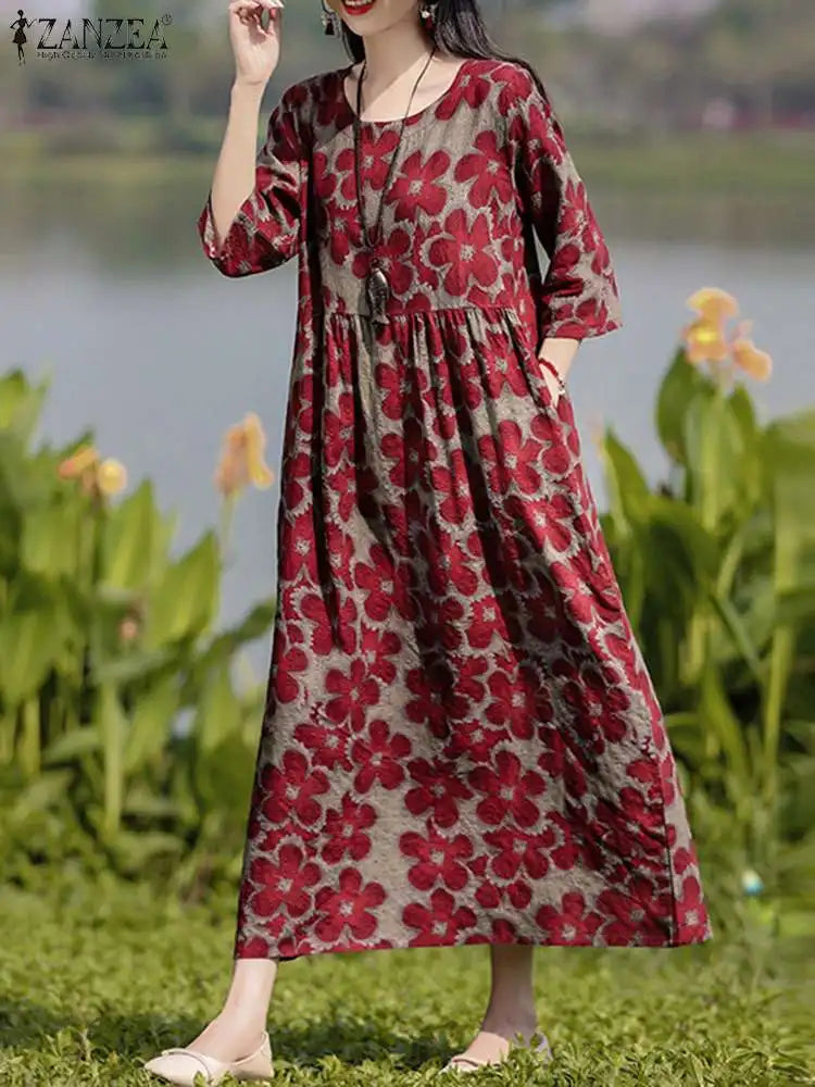 Bohemian Floral Maxi Dress with Three Quarter Sleeves