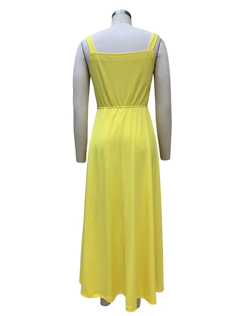 Spaghetti Strap Midi Dress With Side Slit And High Waist