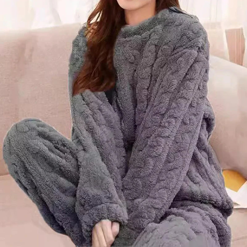 Cozy Chic Autumn Winter Pajama Set for Women Thick Fleece Long Sleeve Top and Elastic Waist Lounge Pants