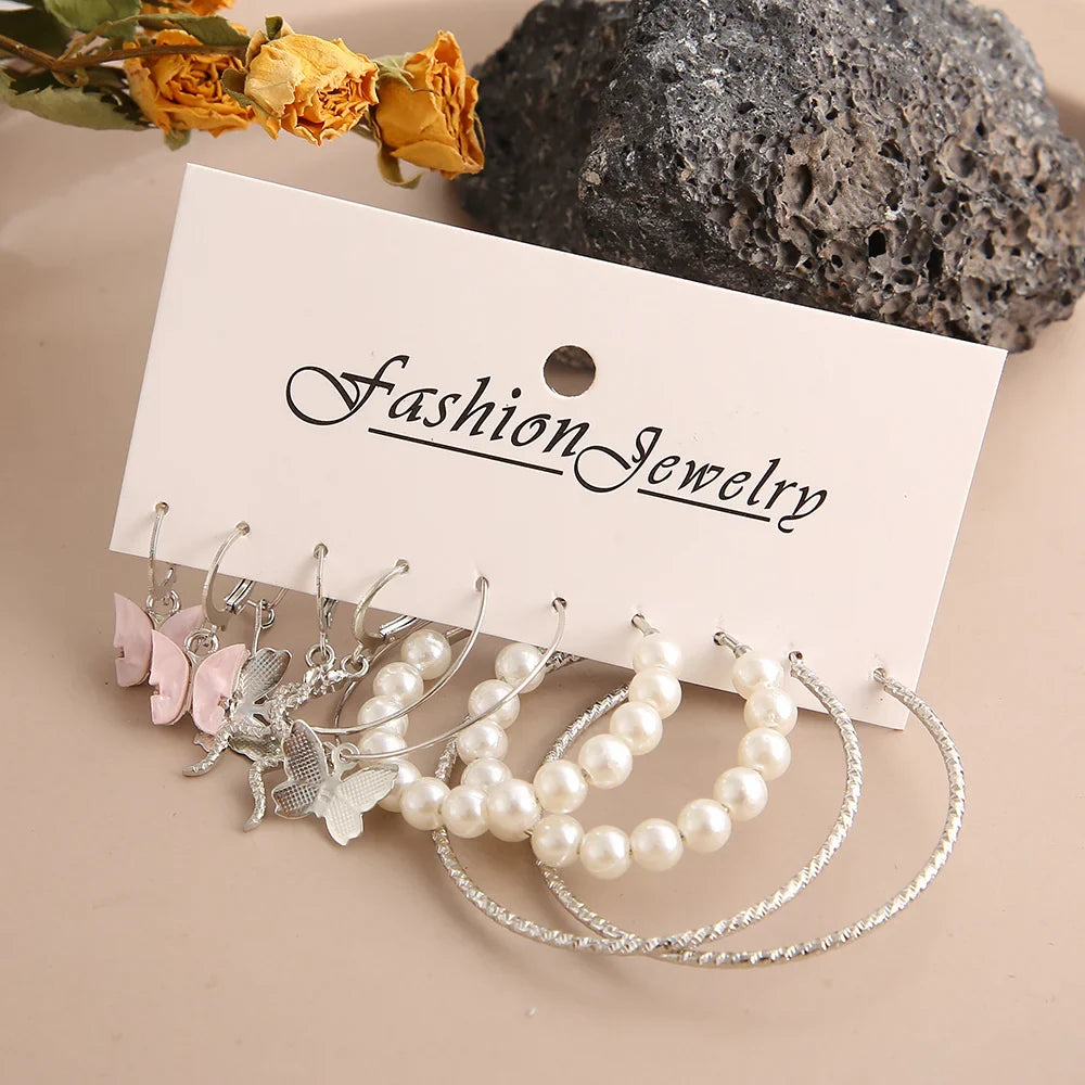 Fashion Silver Color Round Pearl Hoop Earrings Set for Women with Snake and Butterfly Dangle Design