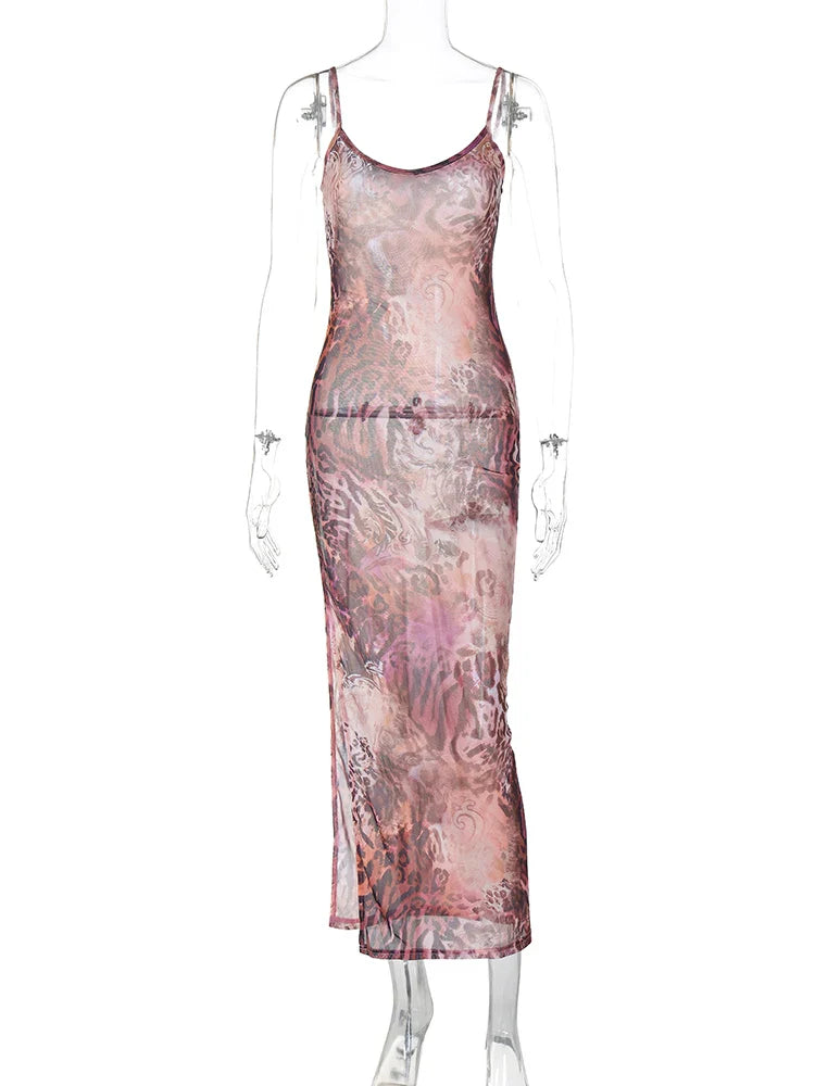 Leopard Print Mesh Maxi Dress Backless Slit See Through