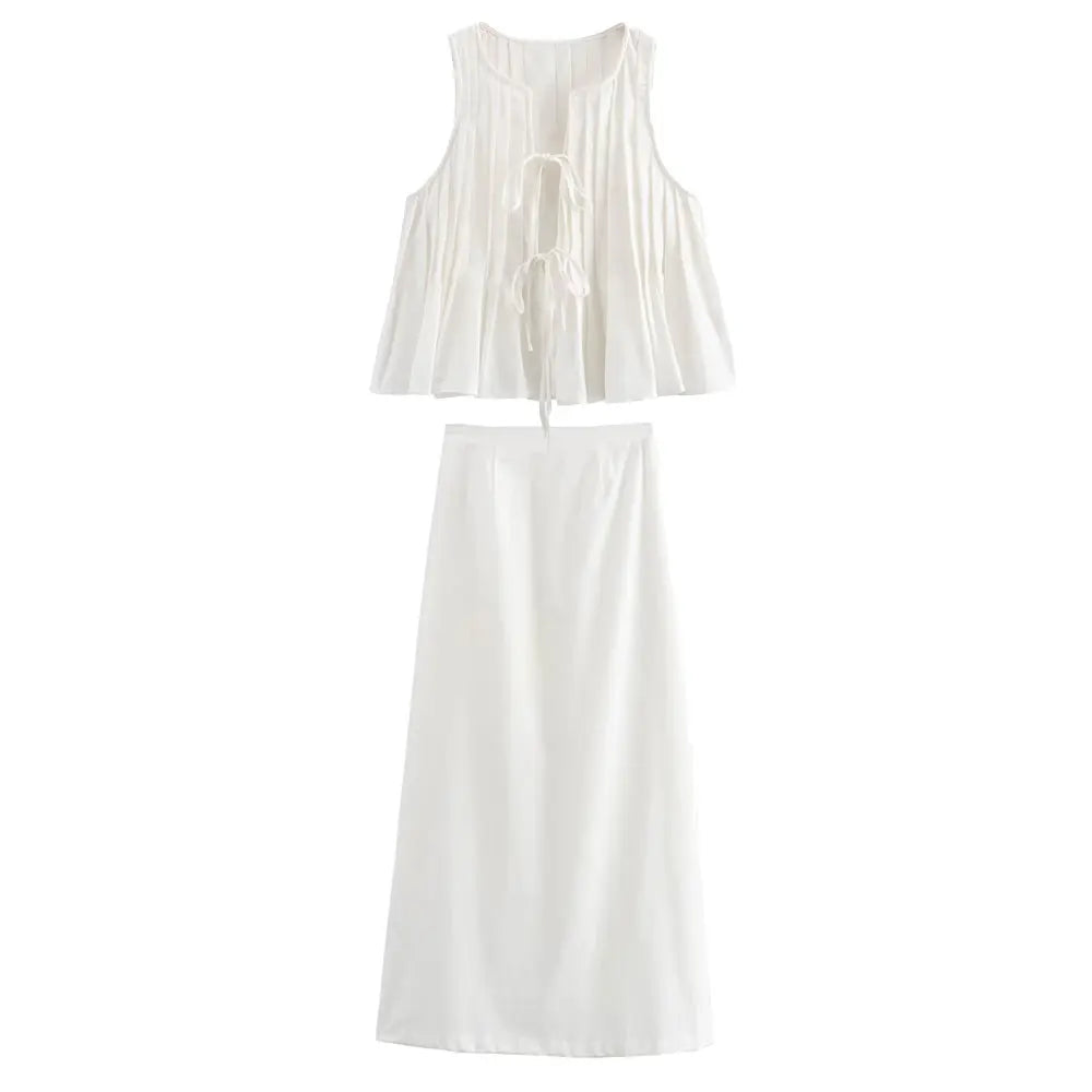 Women's 2-Piece Fashion Set Solid Pleated Vest Top and High Waist Midi Skirt Chic Coordinated Outfit for Elegant Style