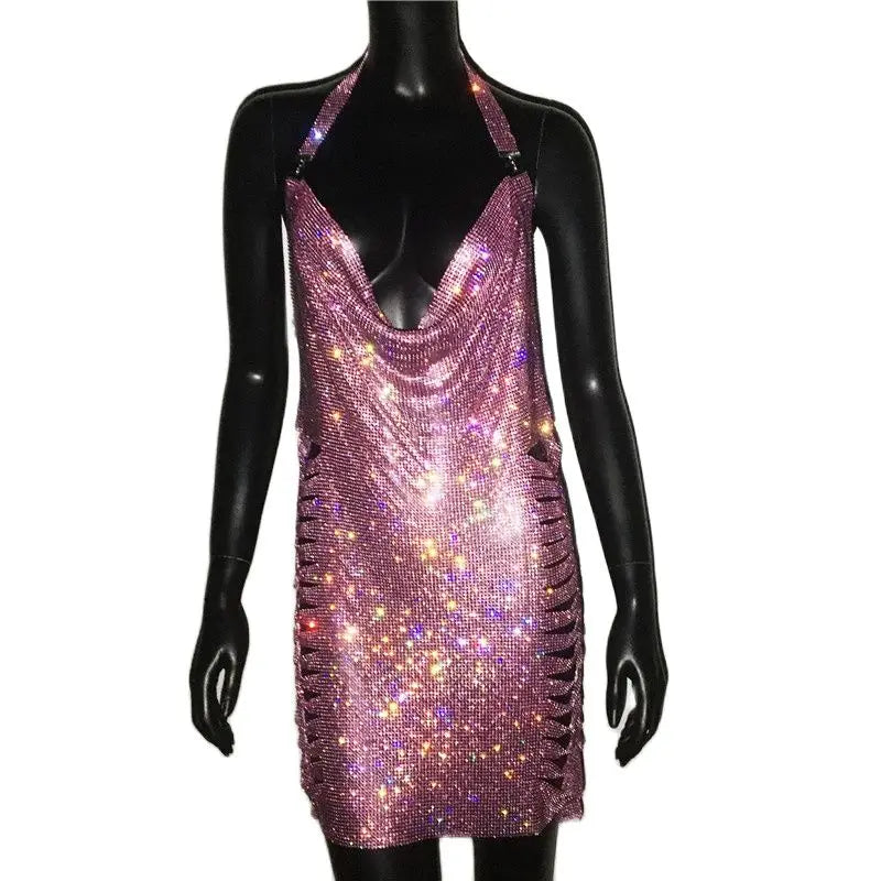 Backless Halter Neck Dress With Rhinestones Side Split