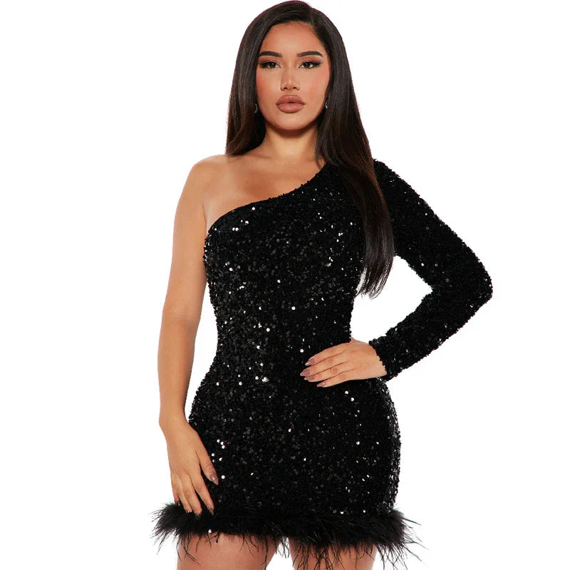 Elegant Off Shoulder Sequin Party Dress Long Sleeve