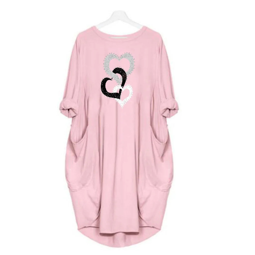 Heart Print Pocket Dress For Women Casual Summer Wear