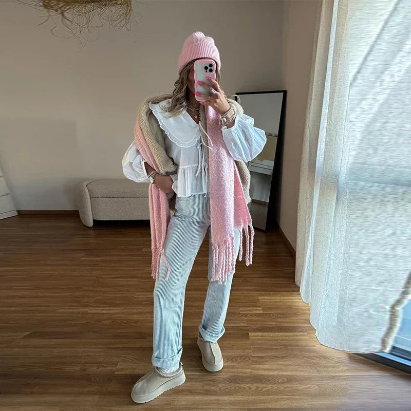 Women's Sweet Solid White Blouse with Front Bow Lace-Up Long Sleeves Elegant Casual Summer Top