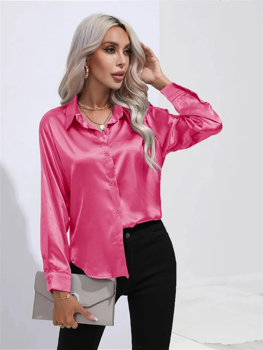 Women's Casual Satin Blouse with Long Sleeves and Turn-Down Collar Solid Color Shirt for Spring and Autumn
