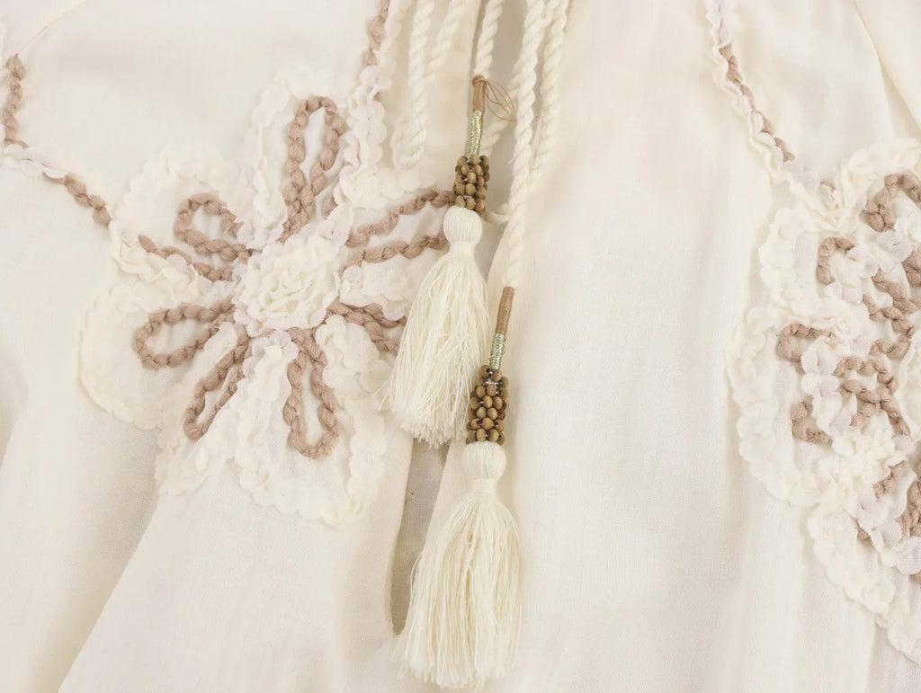 Womens Flower Embroidered Cropped Blouse Loose Tassel Lantern Sleeve Round Neck Chic Top