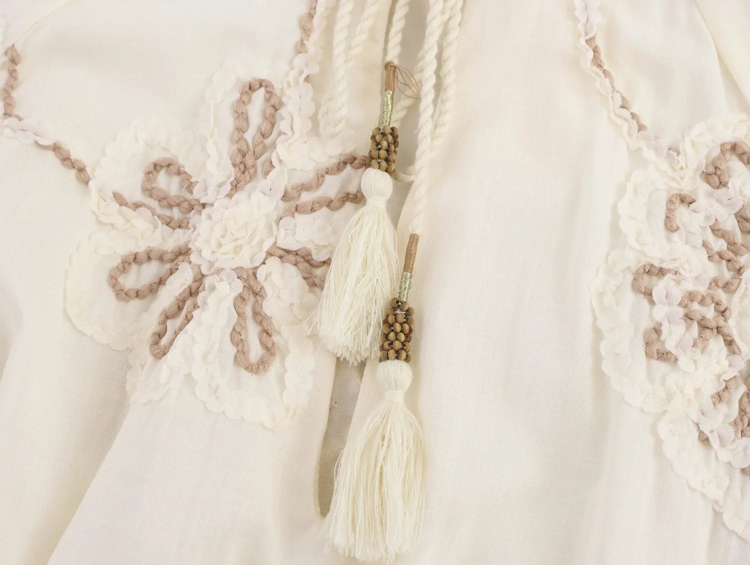 Womens Flower Embroidered Cropped Blouse Loose Tassel Lantern Sleeve Round Neck Chic Top